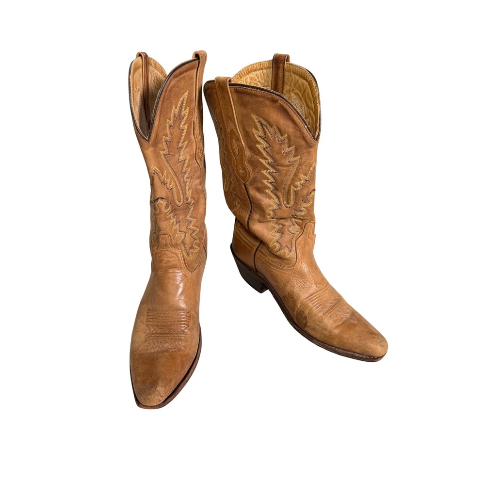 Old West Brown Leather Cowboy Western Boots Distressed Square Toe Women's Size 9